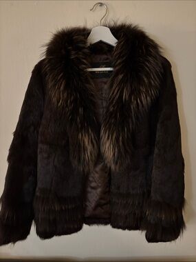 Natural   Rabbit  Fur Jacket with Contrast Collar - Brown